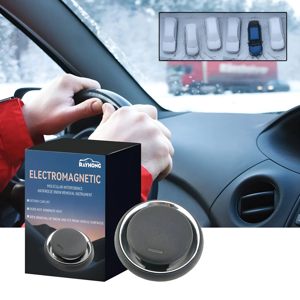 Black portable car deicing instrument measuring 7.4x7.4x1.6cm for melting snow and ice on vehicle windscreens