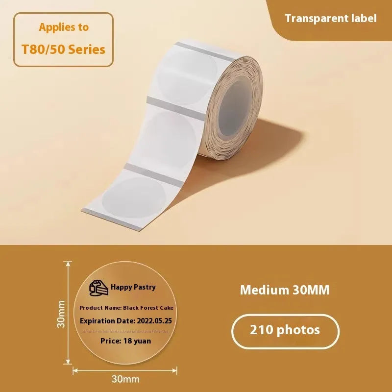 Roll of transparent waterproof thermal adhesive labels in various rectangular and round sizes for kitchen organisation
