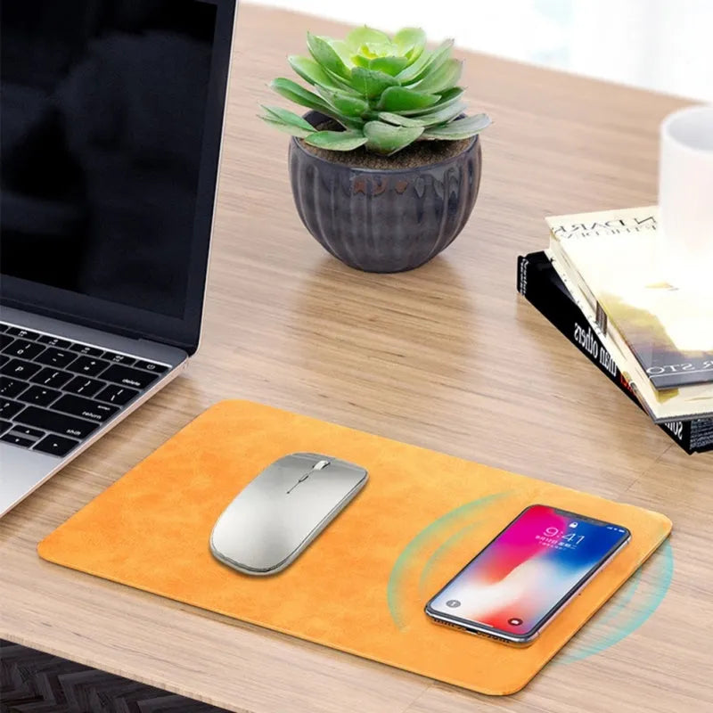 Brown leather wireless charging mouse pad with Qi fast charging capability