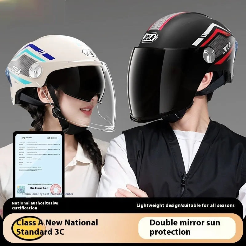 Universal motorcycle half helmet with double mirror sun visor in assorted colours.