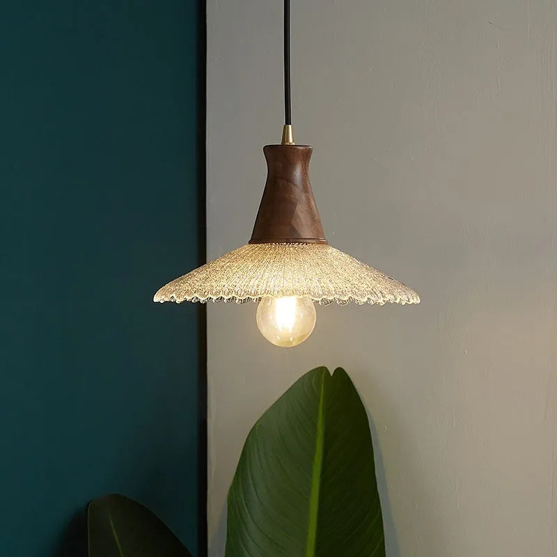 Retro wooden chandelier with glass shades in three size options