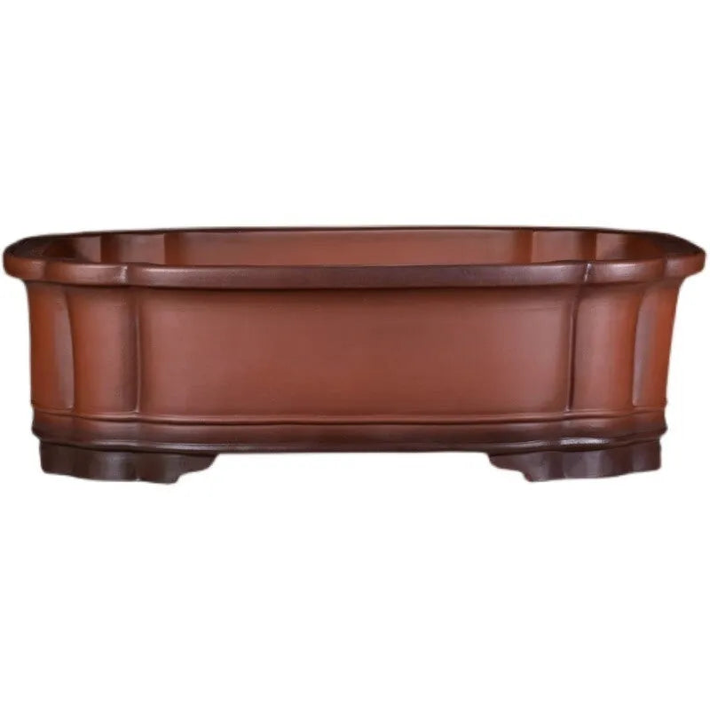 Large oval antique-finish purple clay flowerpot in Chinese style for bonsai trees.