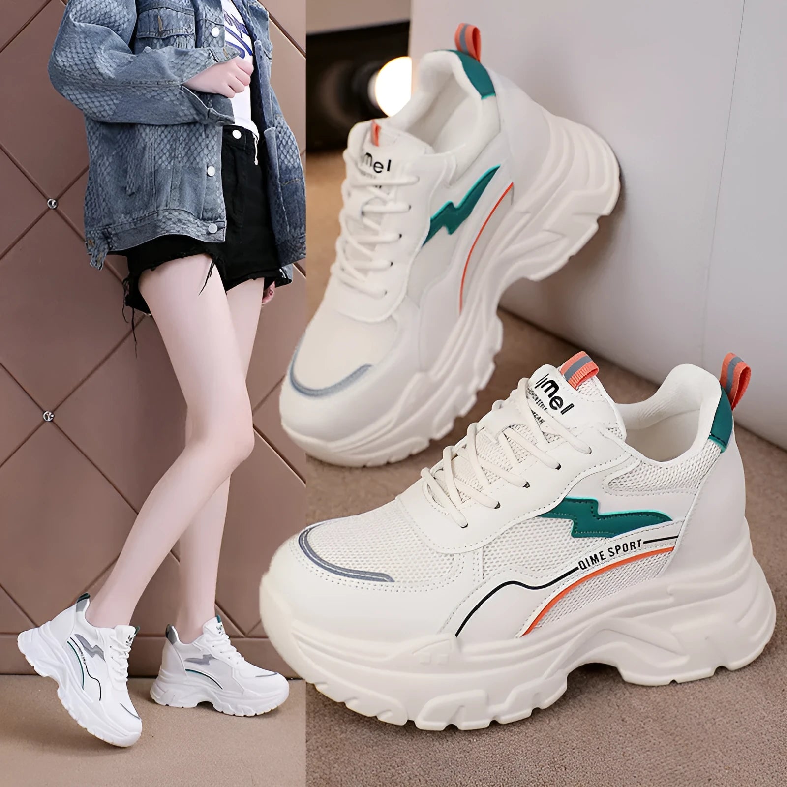 Women's white and beige low-top lace-up sports shoes with a breathable mesh upper.