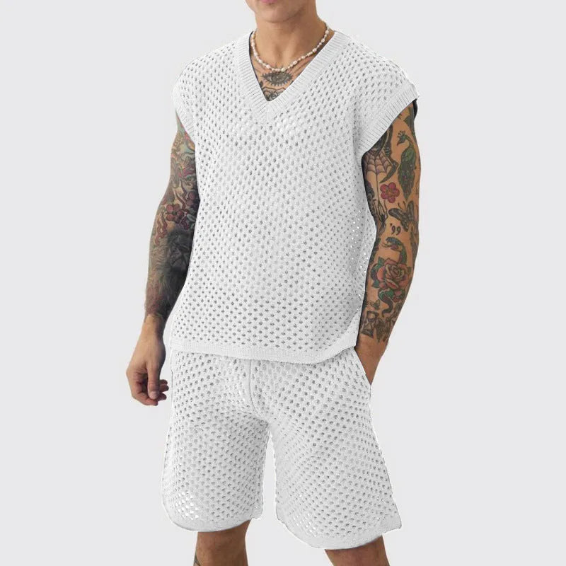 Men's blue V-neck knitted vest and shorts sports set for summer