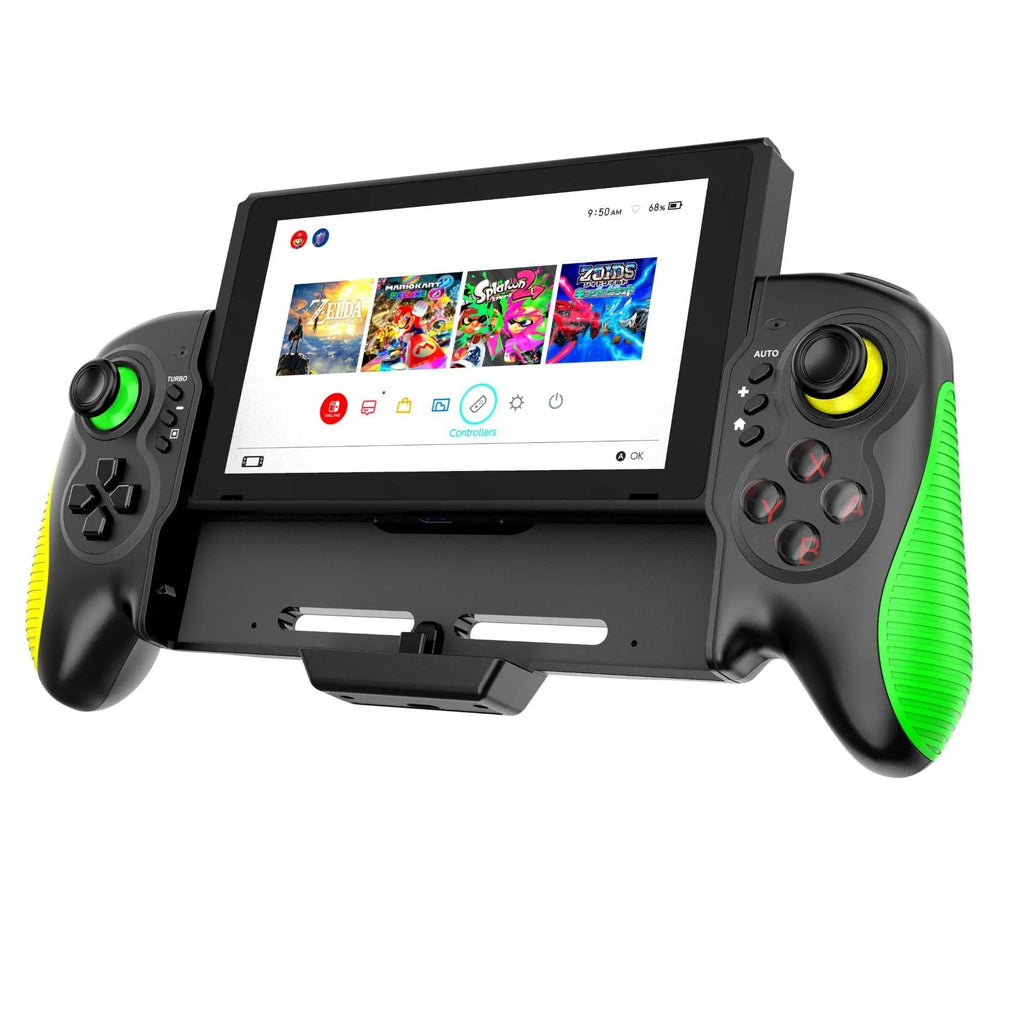 Yellow-green game controller with in-line handles for Nintendo Switch and PC, showing USB Type-C port.