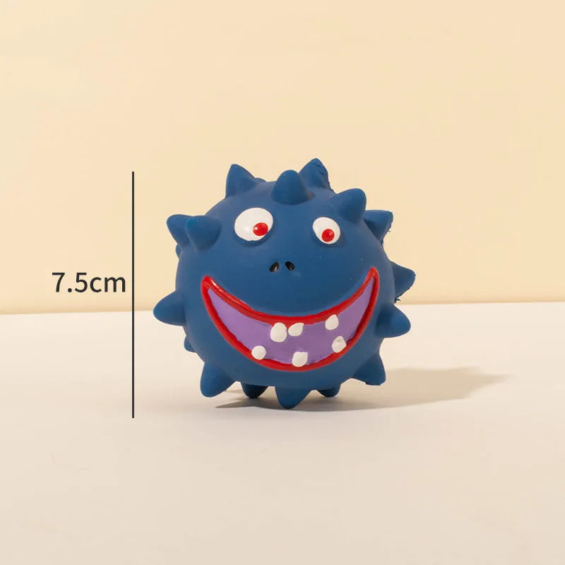 Four colourful natural latex dog balls with squeaky features and cute animal faces