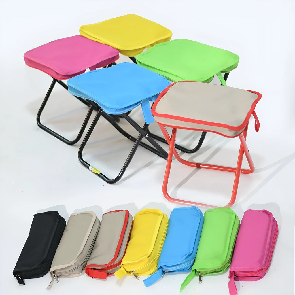 Folding camp chair stool in Oxford cloth fabric showing pencil box design and colour options