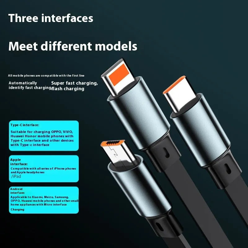 Telescopic three-in-one fast charge data cable 1.2m in black with Type-C, Apple Lightning, and MICRO interfaces