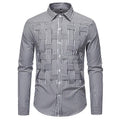 Striped woven plaid men's slim fit polyester cardigan shirt in black, blue, and brown