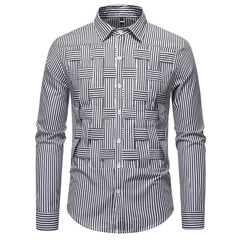 Striped woven plaid men's slim fit polyester cardigan shirt in black, blue, and brown