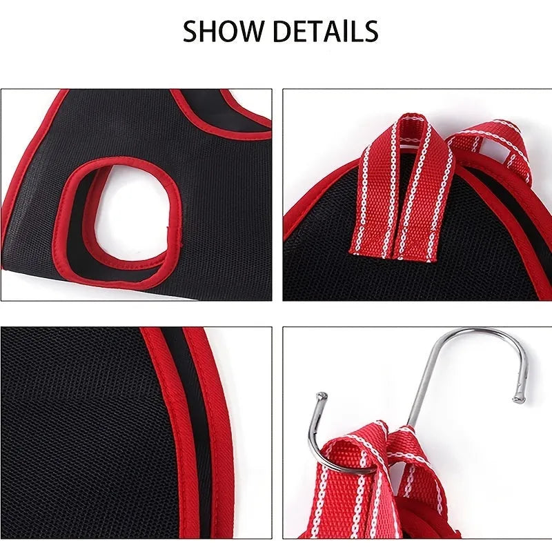 Pet grooming hammock restraint bag suspended for dog nail trimming