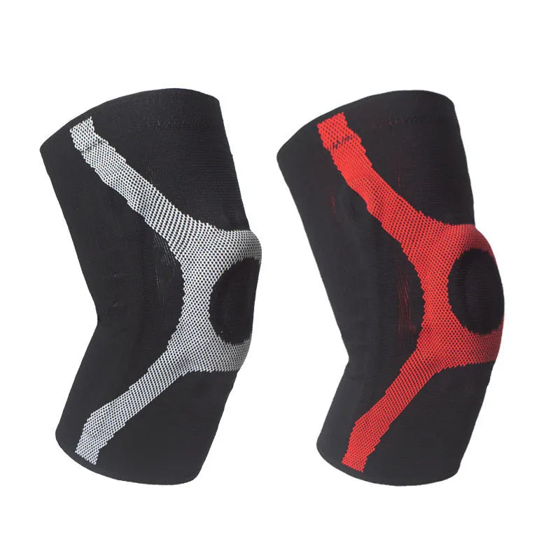 Knitted non-slip sports knee pads in grey and red, shown in sizes S M L XL for running and climbing.