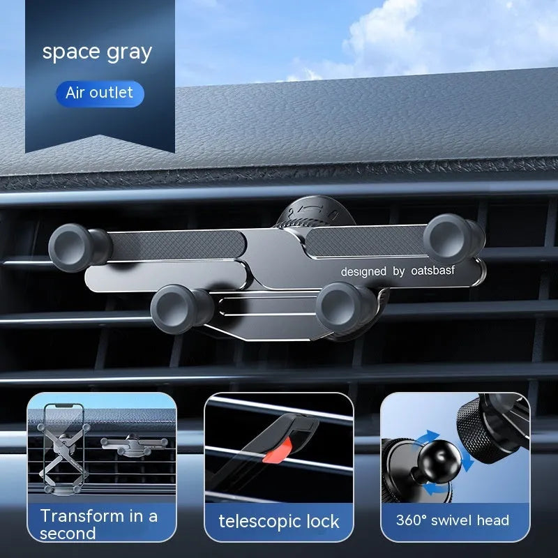 Invisible alloy car air vent mobile phone mount bracket in black colour with snap-on installation