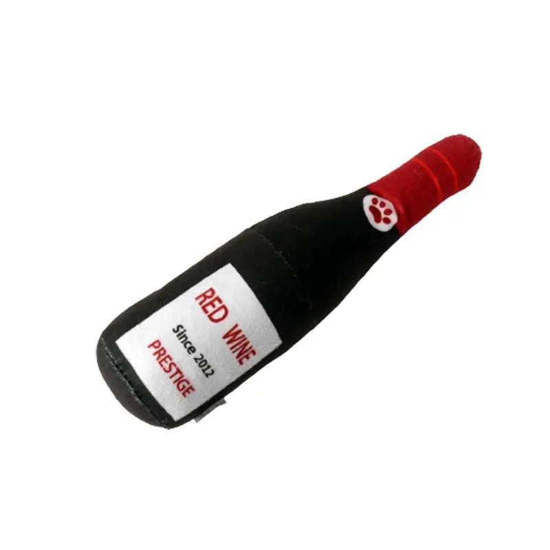 Soft green plush pet toy shaped like a wine bottle for cats and dogs to play with.