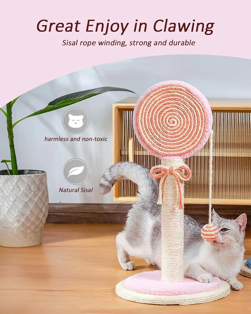 Blue cat scratching post with natural sisal rope and a hanging ball toy on a sturdy square base.