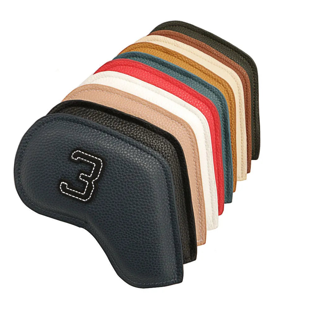 Set of 10 digital printed golf club head covers in various designs for outdoor sports use