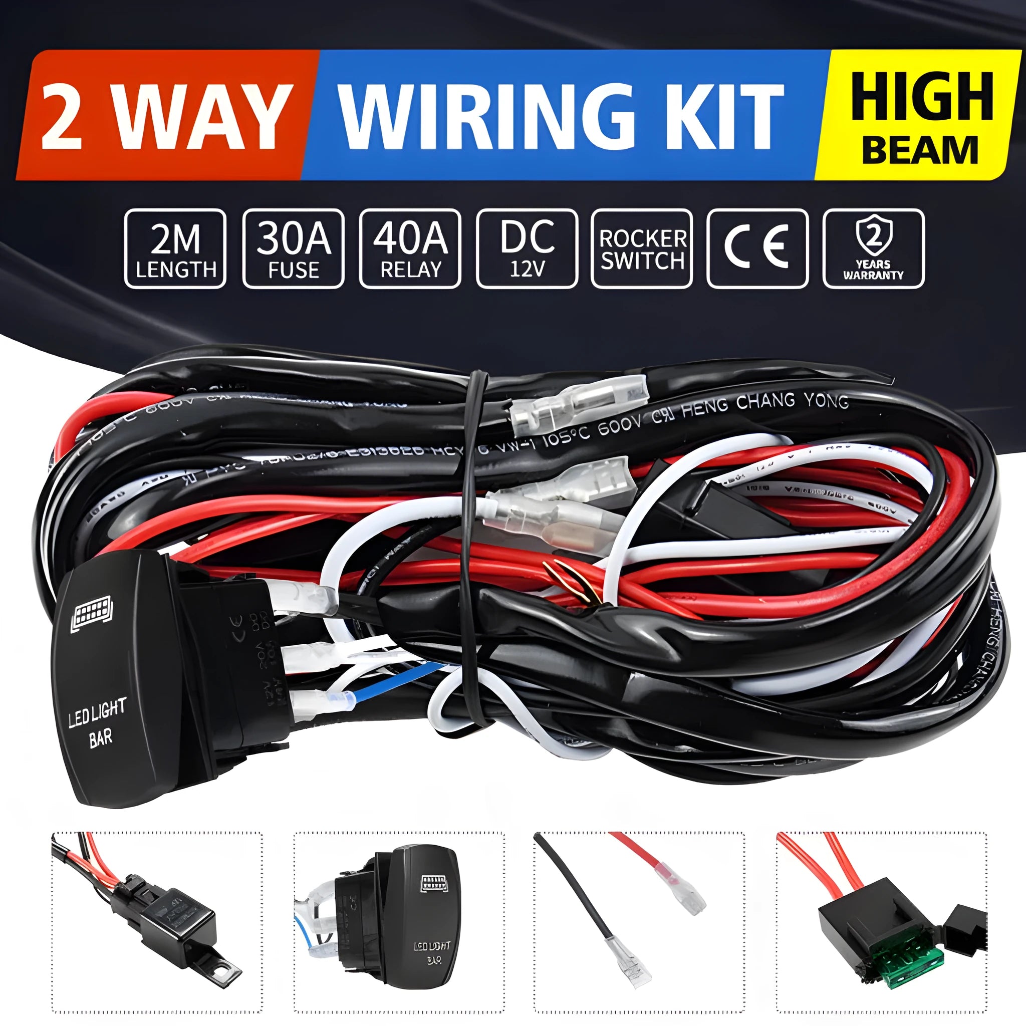 Black 2-metre off-road LED spotlight cable harness kit with integrated light bar switch for 4x4 vehicles