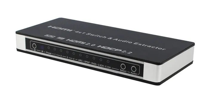 Black HDMI audio extractor switch with 4 input ports and remote control for home entertainment systems