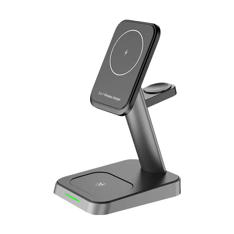 Black minimalist wireless charging station with smartphone charging surface and integrated smartwatch dock