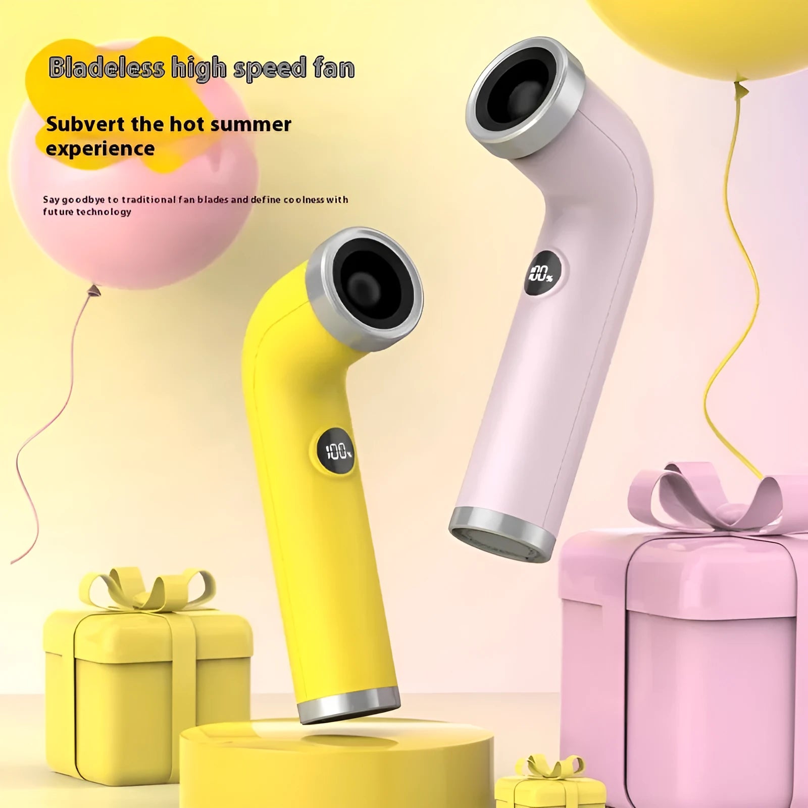 Creative bladeless turbine desk fan in apricot, pink, or yellow colour.