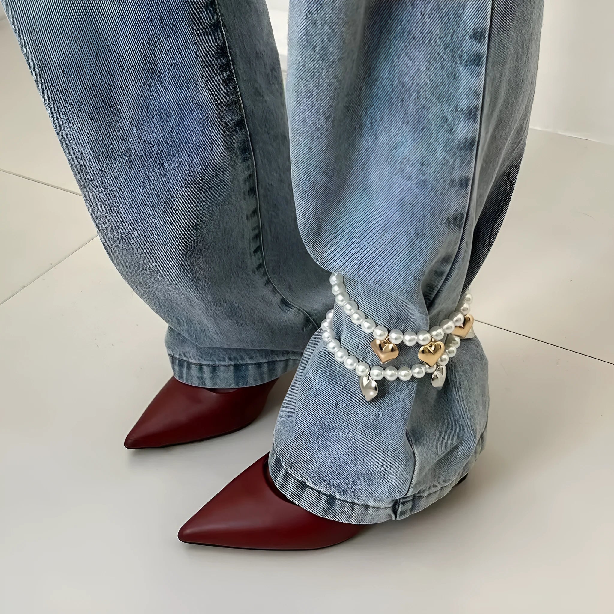Heart-shaped pearl beaded jeans chain in mixed colour, plastic resin women's accessory