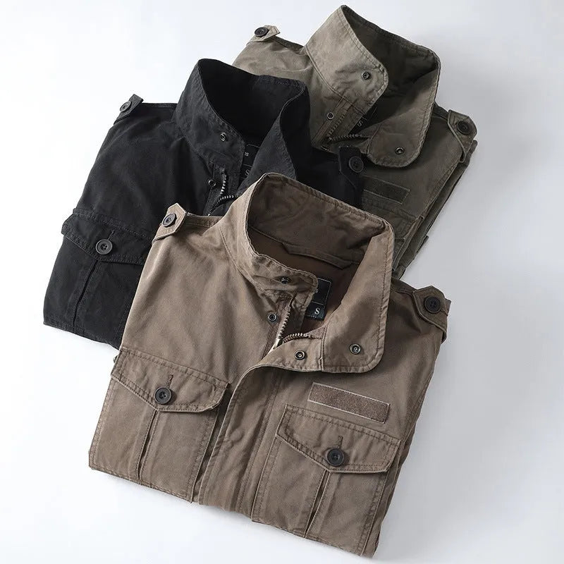 Men's loose-fit retro cotton jacket in light brown, shown with zip front closed.