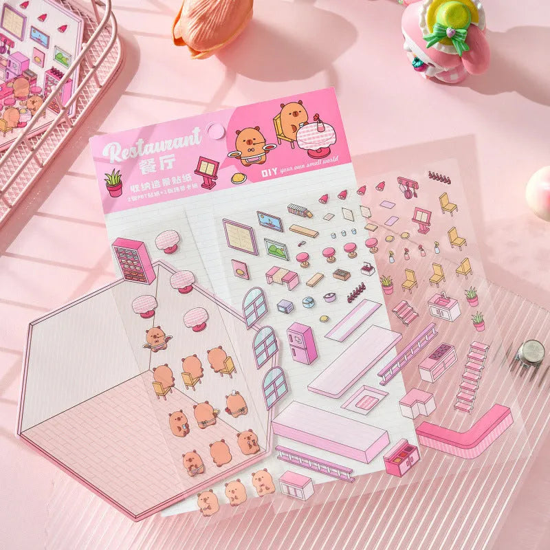 Pack of cut-free three-dimensional PET stickers in eight cartoon shop themes including bakery, bookstore, and fruit shop designs.