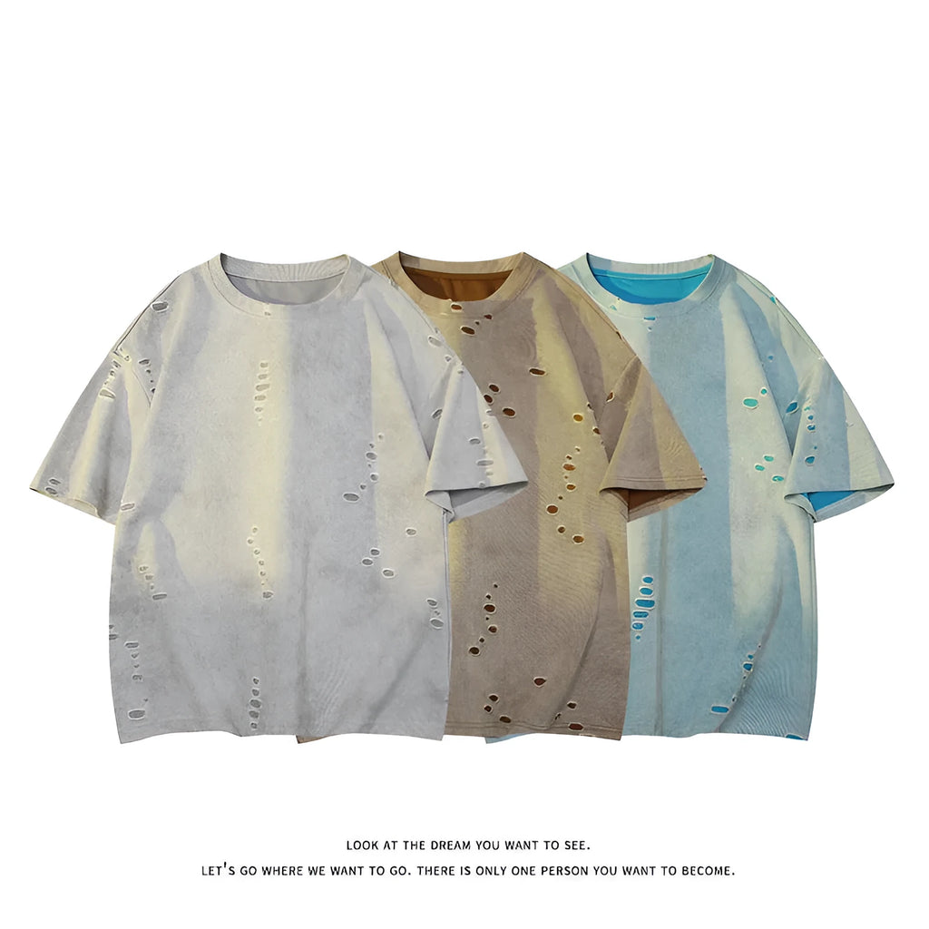 Men's loose fit cotton blend ripped short sleeve pullover in blue casual t-shirt style