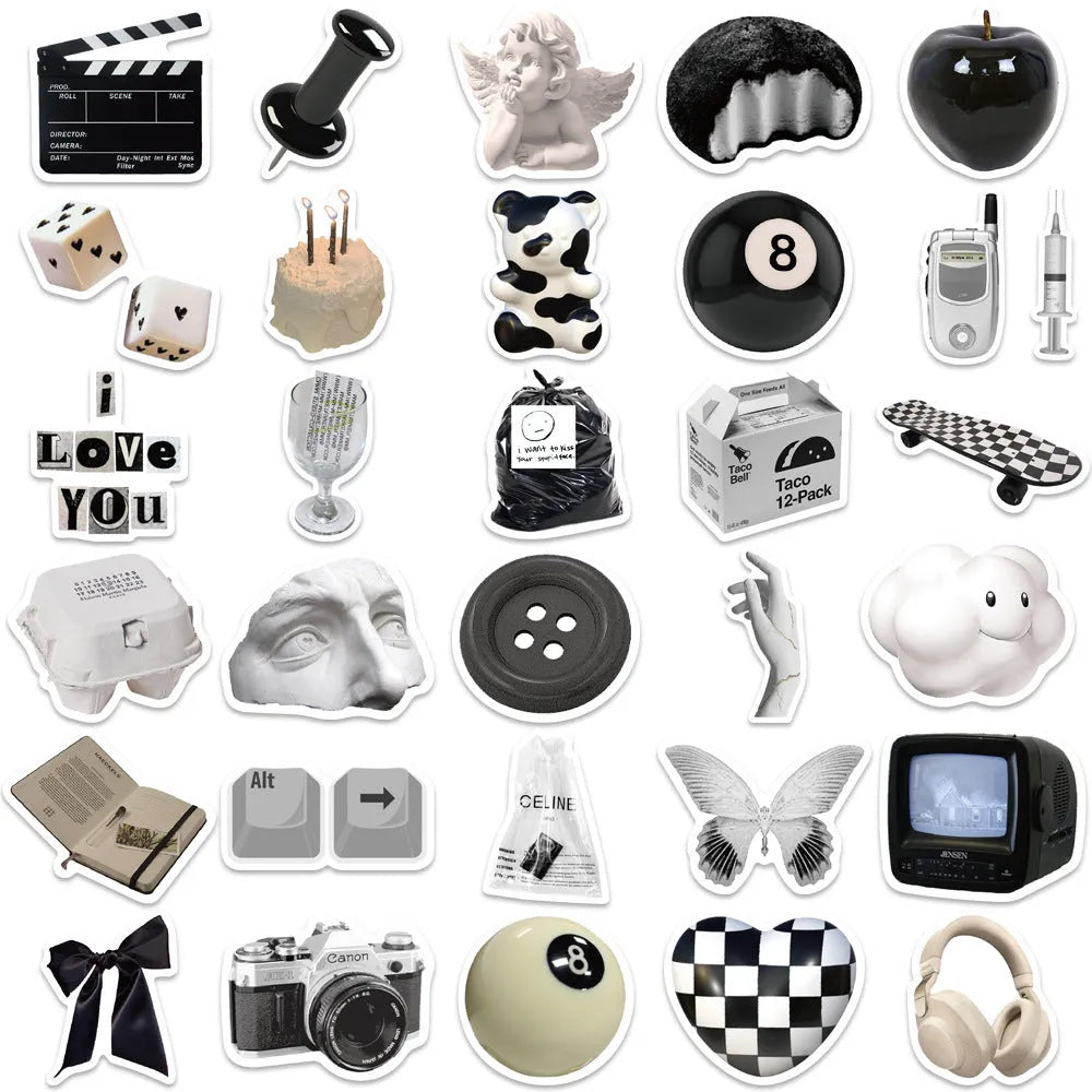 61 black and white PVC waterproof stickers for laptops, phones, and luggage customisation