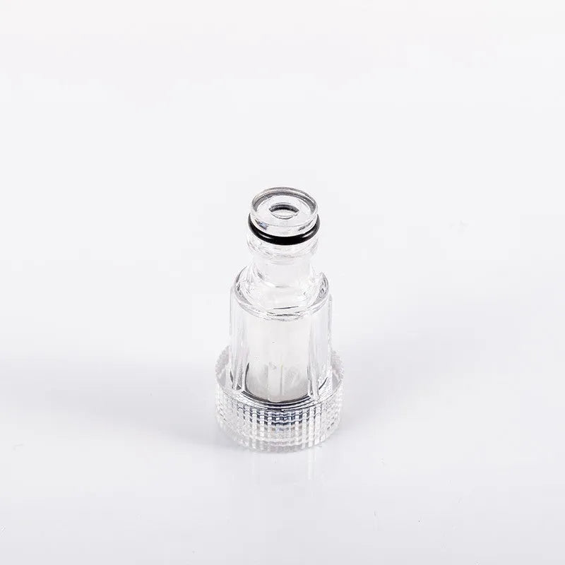 Transparent plastic inlet joint for Karcher pressure washers showing 3cm diameter