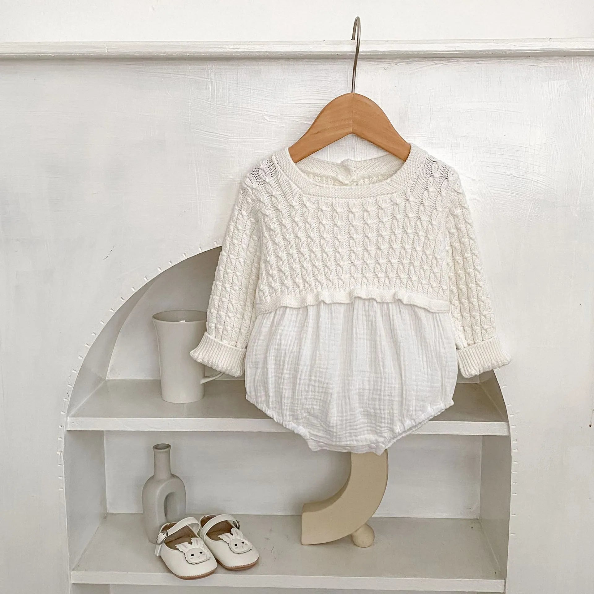 Baby girl cotton romper in milky white long sleeve pullover style