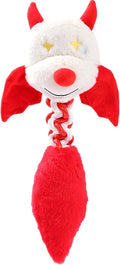 Large green plush dog toy with rope knot and cartoon design on a white background.