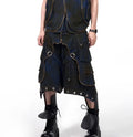 Blue denim vest coat with hood and matching trousers Korean style set