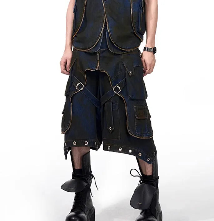 Blue denim vest coat with hood and matching trousers Korean style set