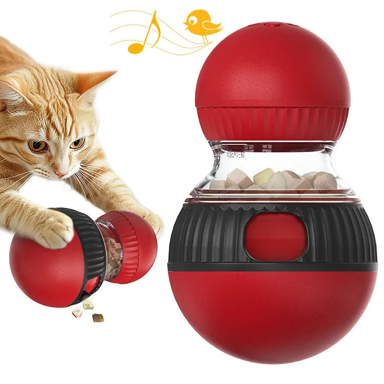 Rotating plastic cat toy with sound features and food-dropping mechanism in toy cat and super ball colours