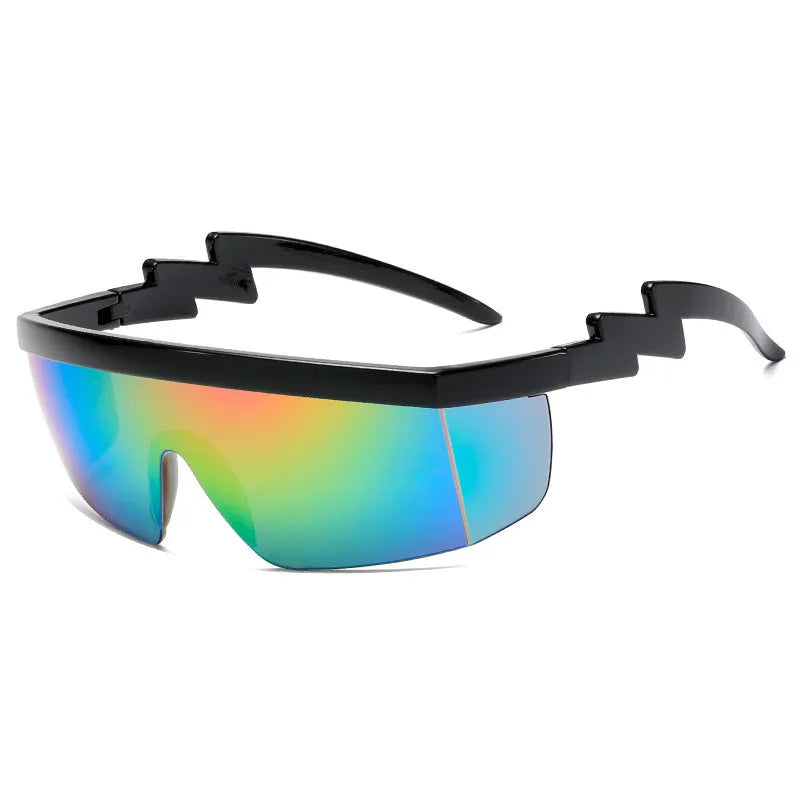 One-piece sports sunglasses with lightning leg design in black frame with blue PC lenses