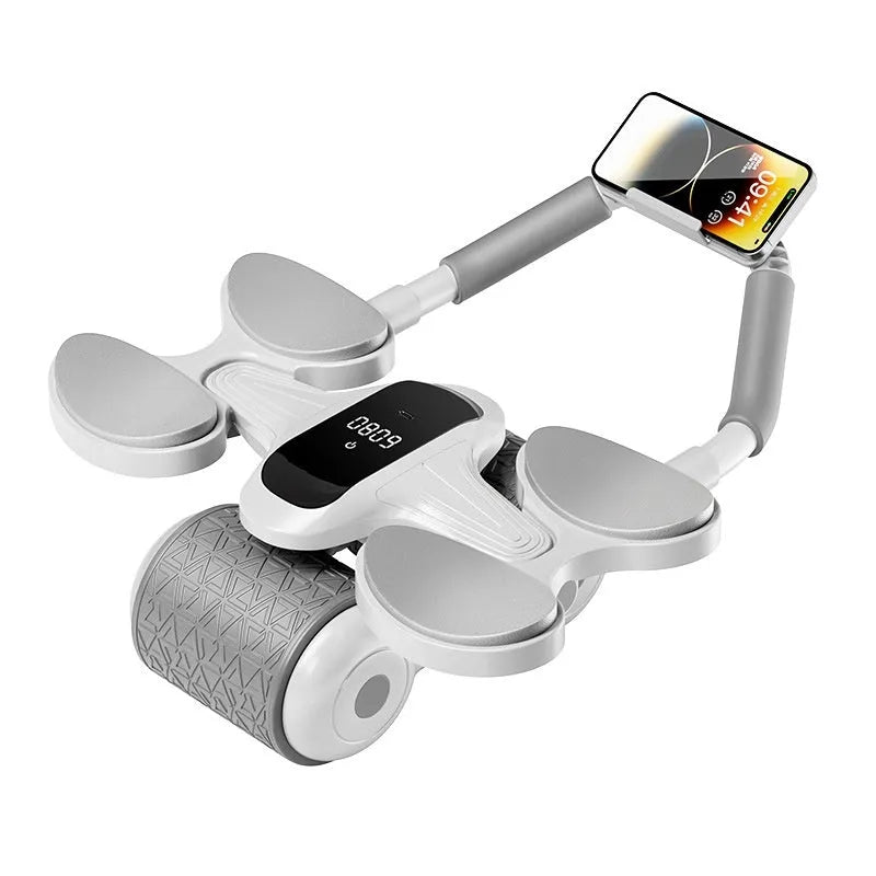 White digital abdominal roller with LED screen for timing and calorie counting
