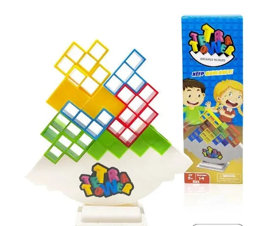 Plastic balance stacking game with coloured blocks on chassis for family play