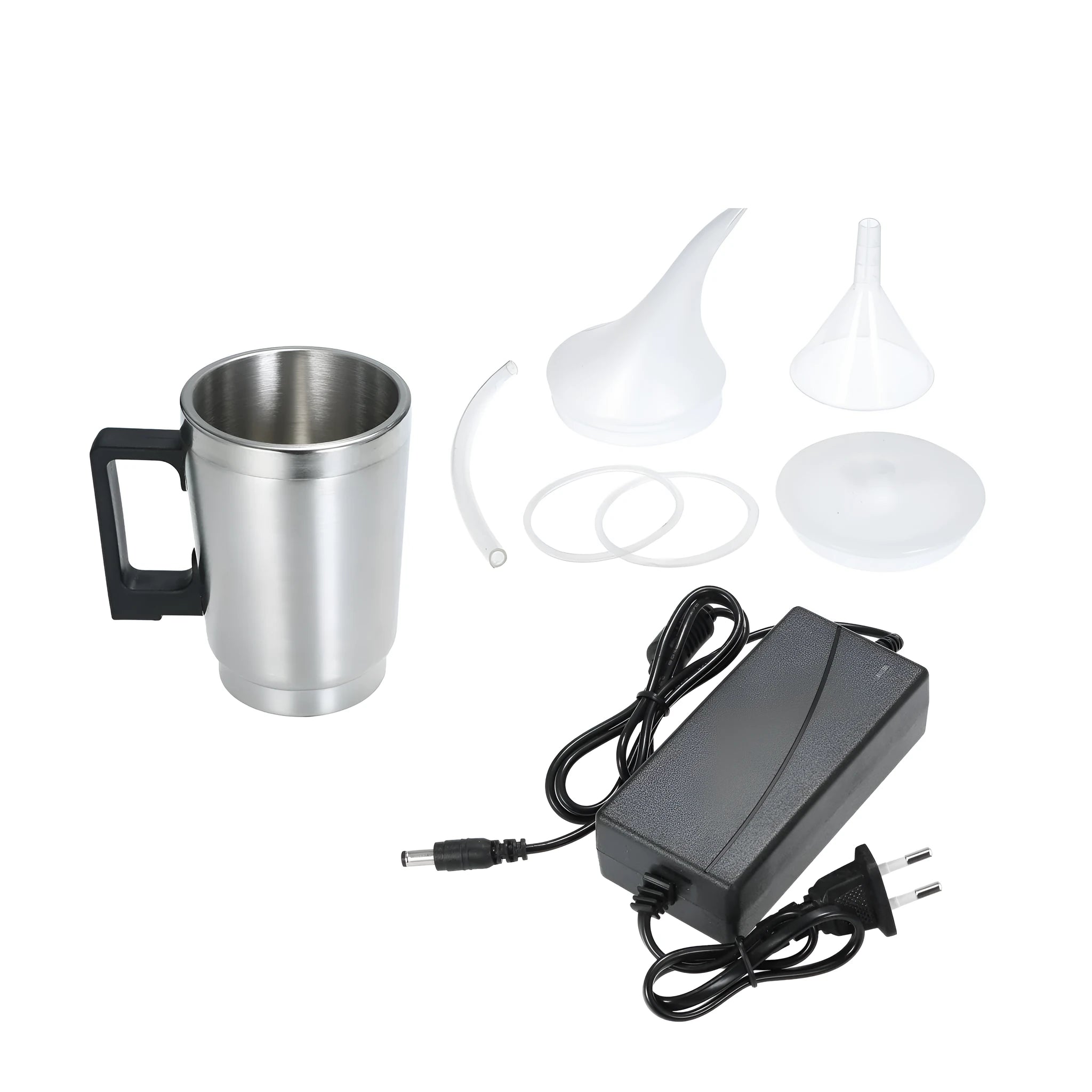 Stainless steel headlamp repair parts kit with power adapter options on a workshop bench.