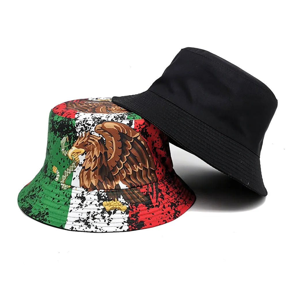 Retro-style bucket hat with an eagle pattern in polyester, showing dome crown.