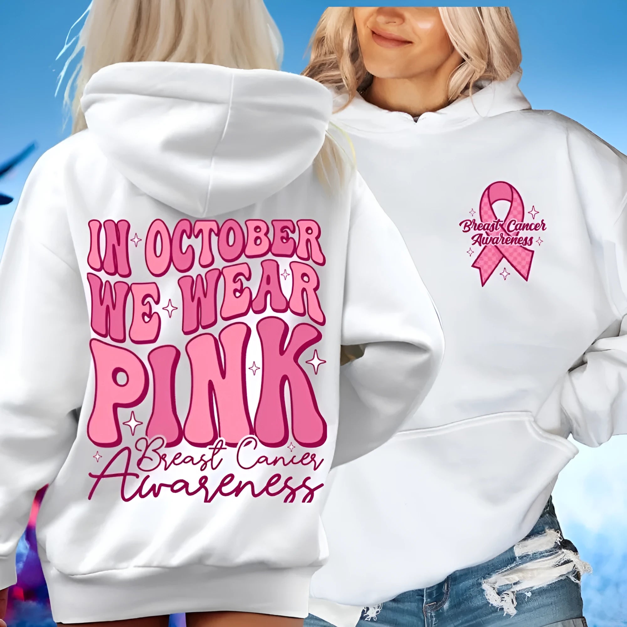 Pink Breast Cancer Awareness hoodie with retro hot stamp pattern and side seam pockets.
