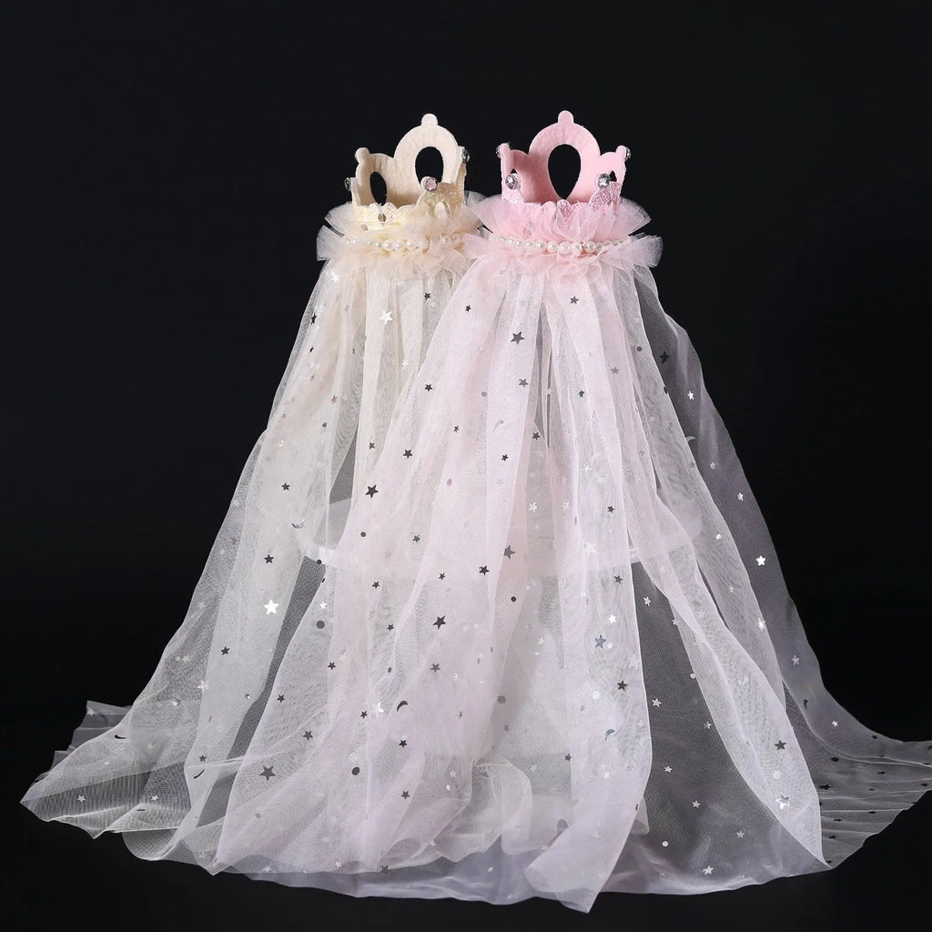 Pet cat wearing princess crown headdress with veil in beige or pink colour option