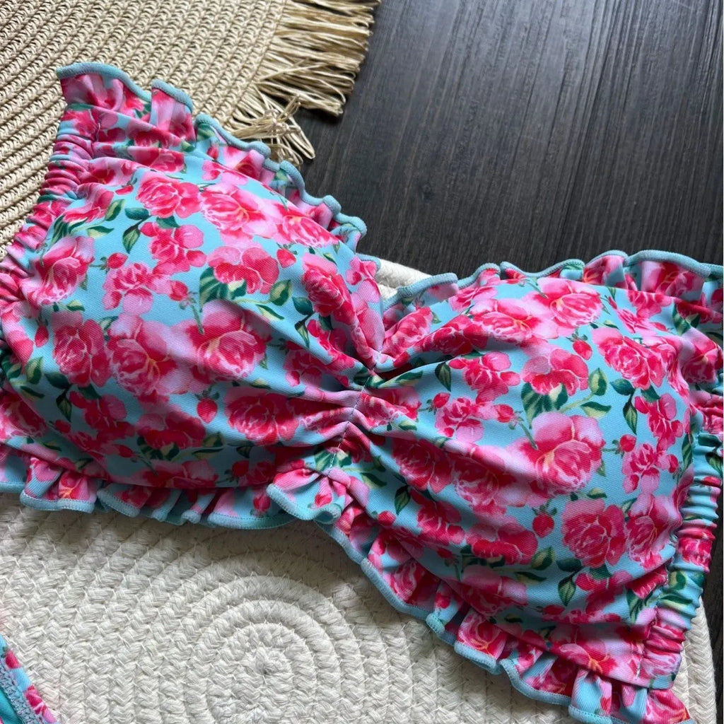 Women's printed low waist lace-up bikini suit in colour P099D with floral pattern