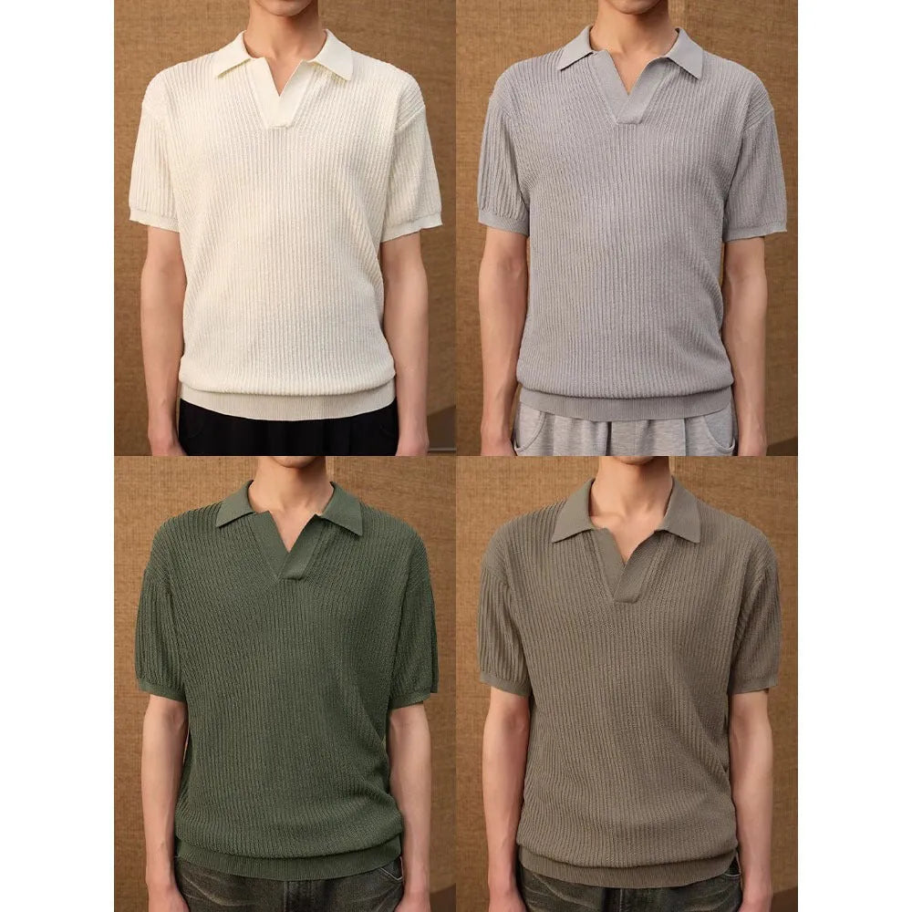 Men's creamy white short sleeve polo shirt with stripes and a loose casual fit.