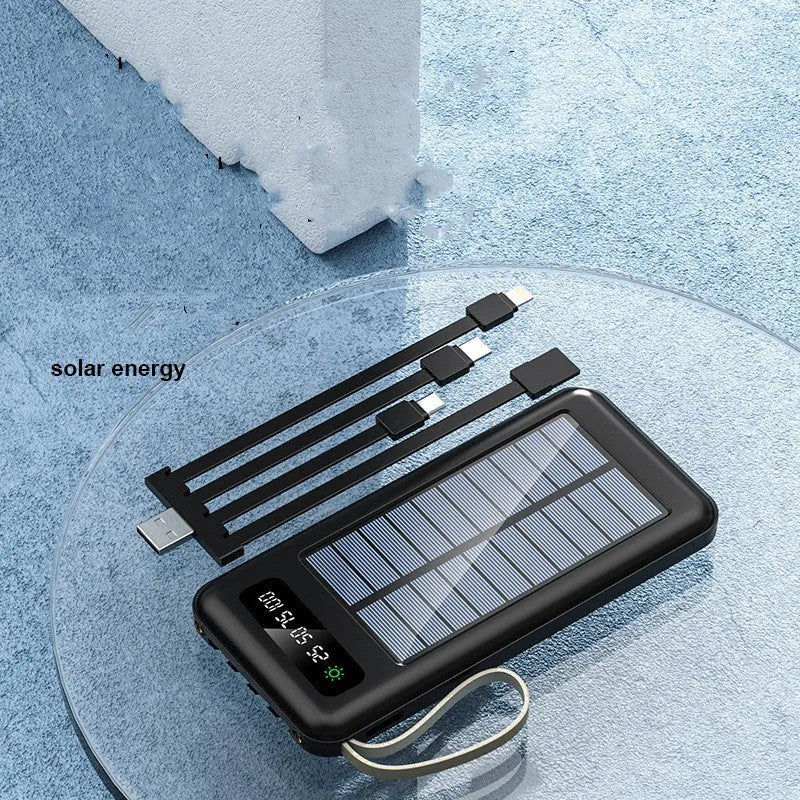 Solar power bank in black or white, showing front panel with solar cells and USB ports.