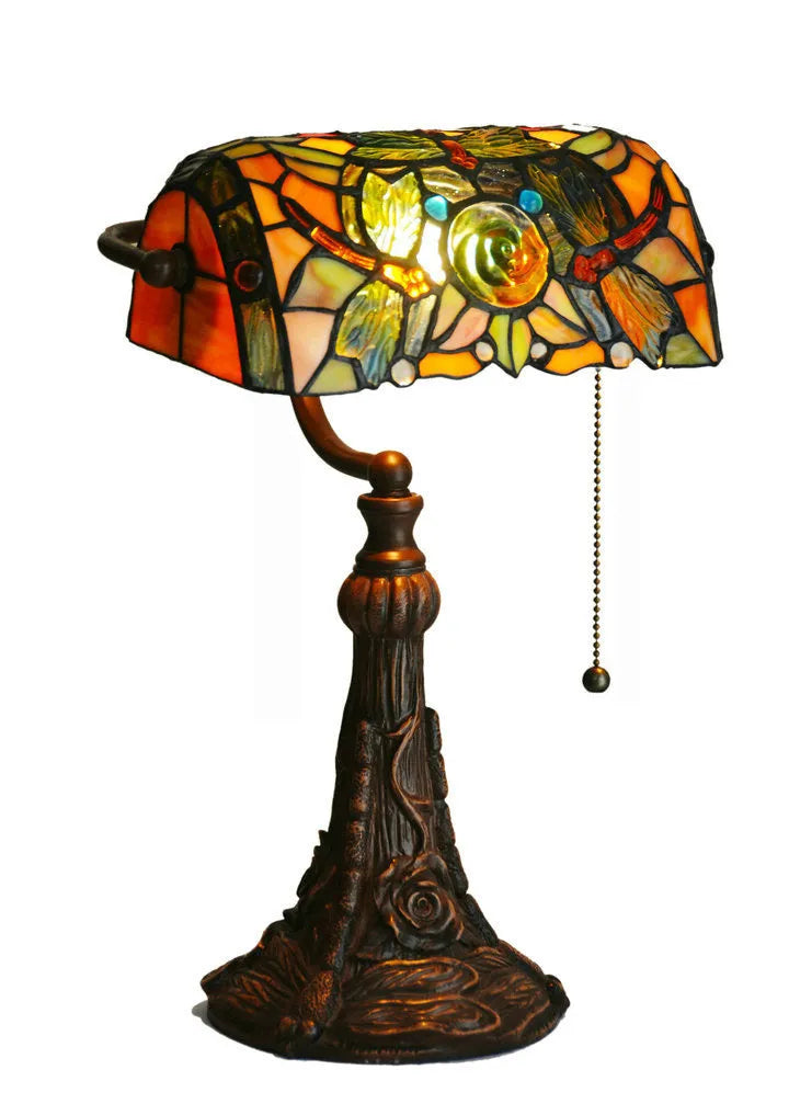 10-inch Tiffany table lamp with coloured stained glass shade on resin base