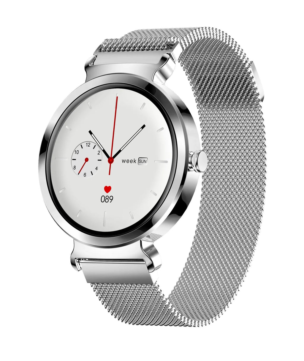 Zinc alloy smart bracelet for women with 1.28-inch colour screen on a silver strap.