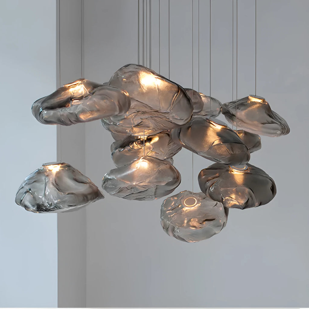 Modern decorative chandelier with glass shade in amber, clear or smoke grey colour options