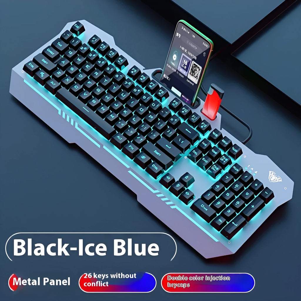 Metal gaming bundle showing mechanical keyboard with RGB lighting, matching mouse, and headset in black colour scheme