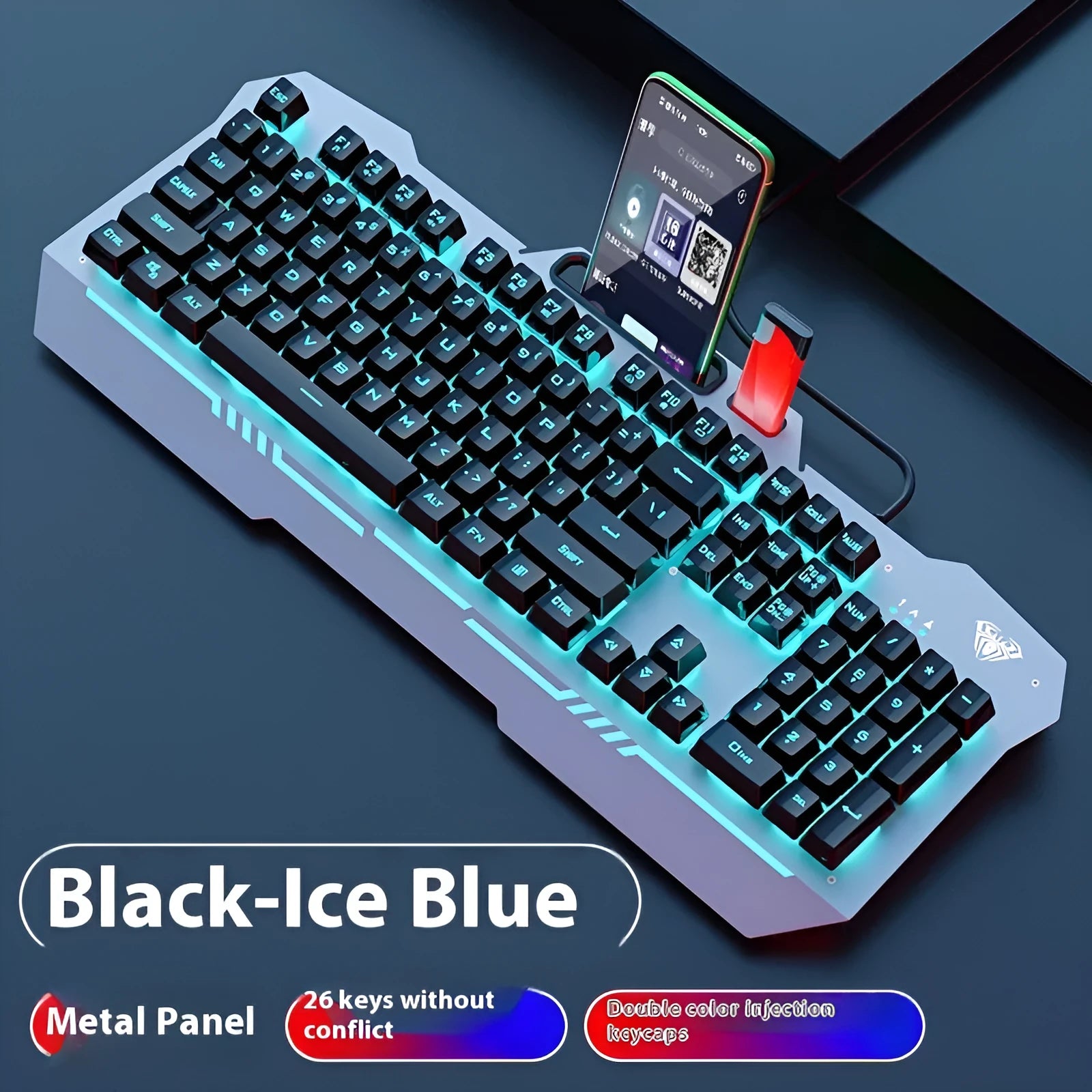 Metal gaming bundle showing mechanical keyboard with RGB lighting, matching mouse, and headset in black colour scheme